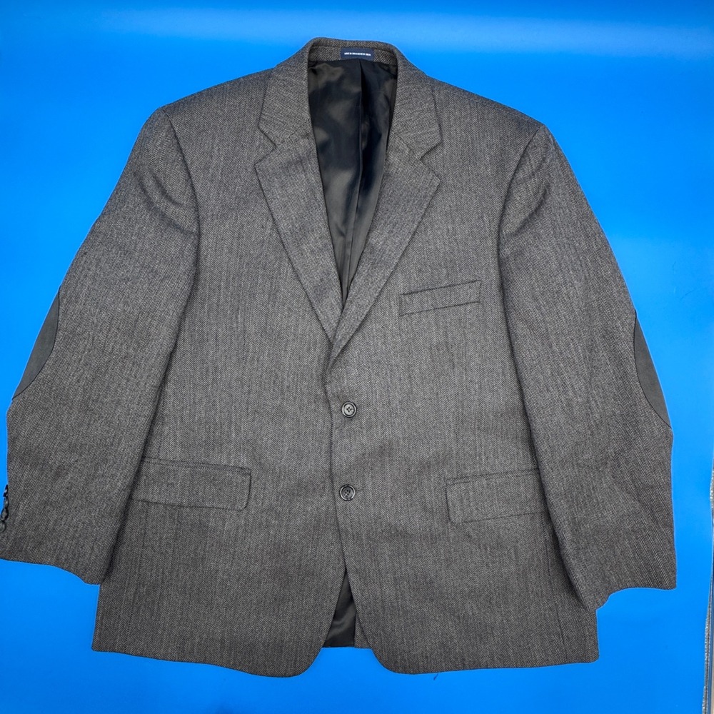 Stafford Essentials Mens 44s Grey Herringbone Wool Blazer Sport Coat Elbow Patch